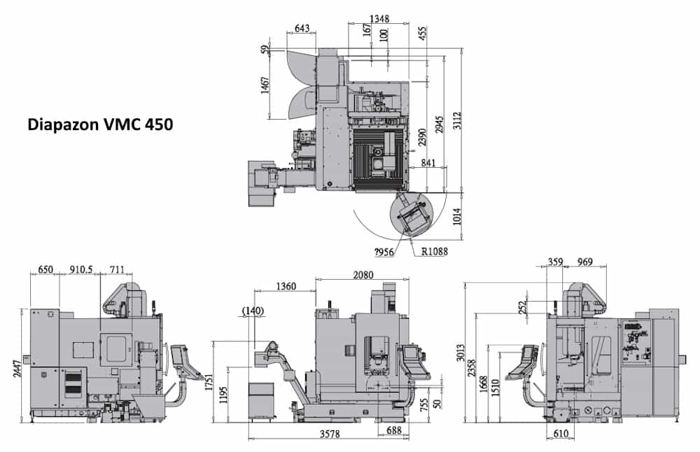 Габаритные размеры вертикального обрабатывающего центра VMC 450