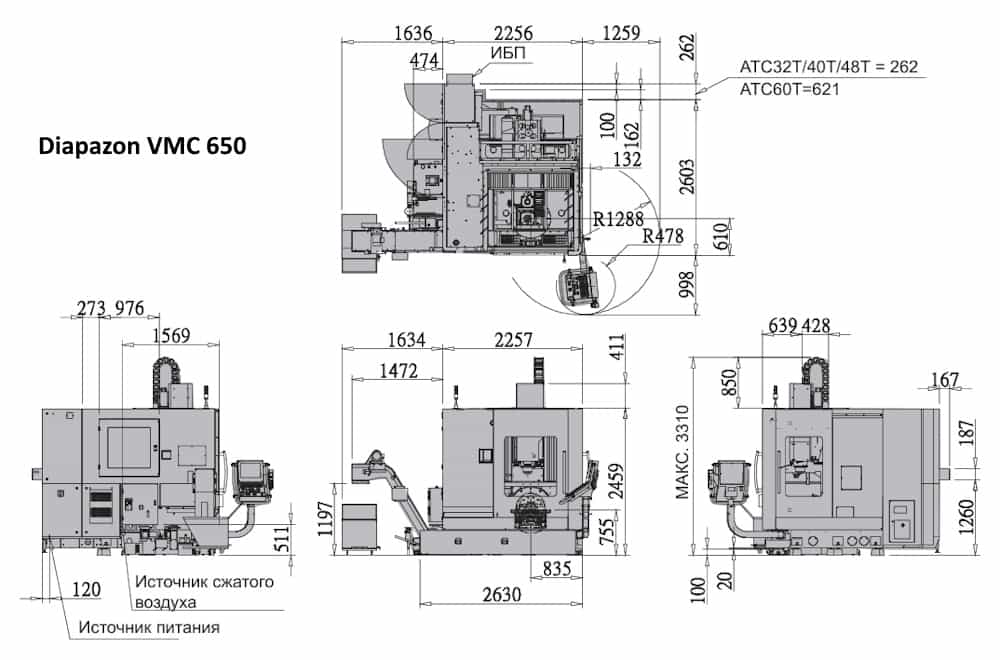 Габаритные размеры вертикального обрабатывающего центра VMC 650