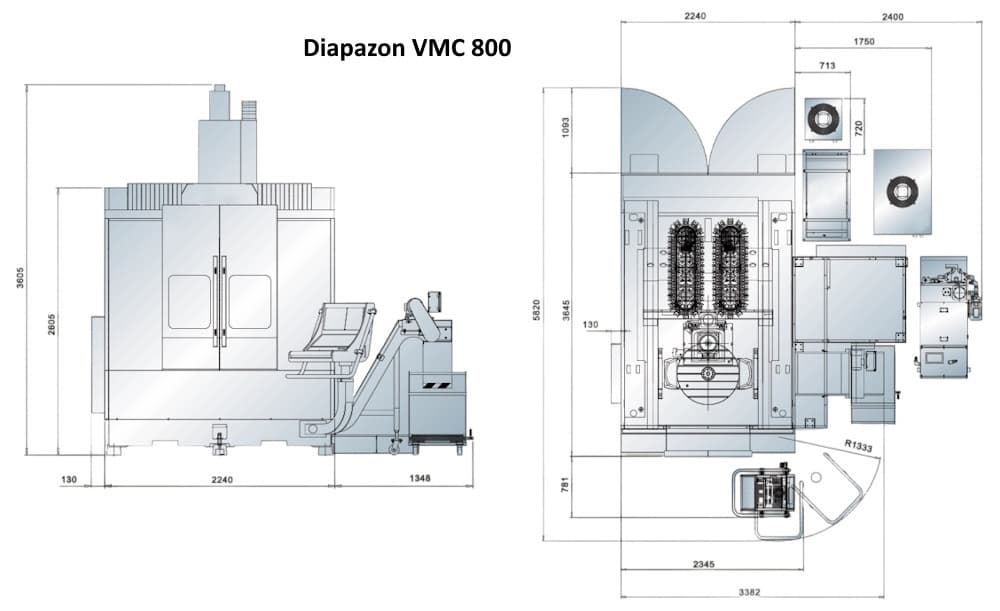Габаритные размеры вертикального обрабатывающего центра VMC 800